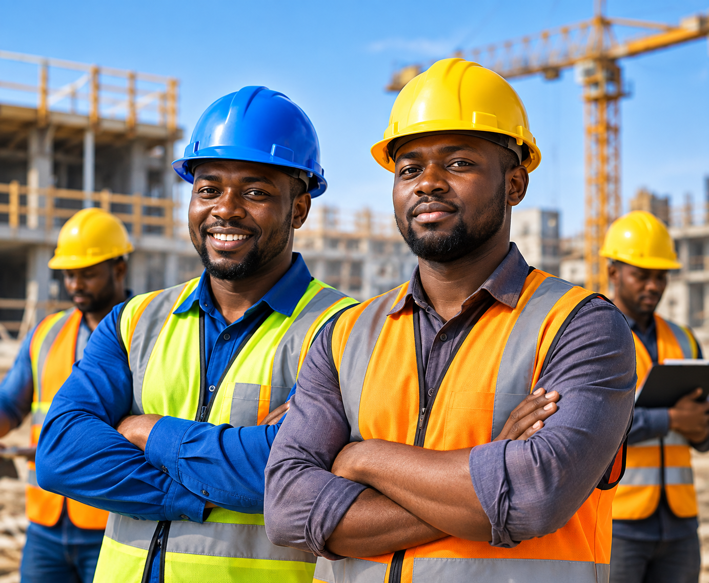 Construction workers in safety gear on site